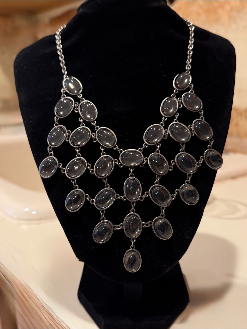 Silver-Tone Multi Oval Statement Necklace - Smoke Gray